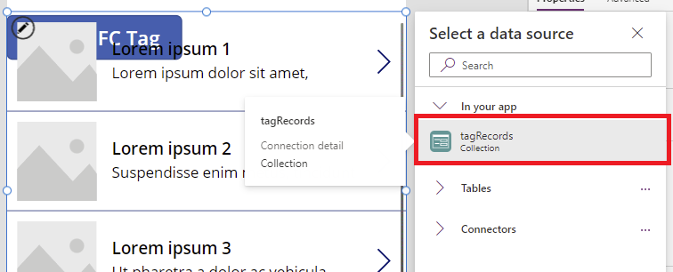 Valikoiman tietolähteeksi valittu tagRecords