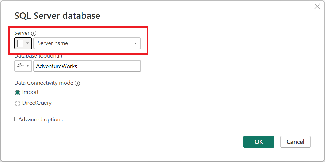 Näyttökuva SQL Server -tietokannan valintaikkunasta, jossa on palvelimen nimelle määritetty parametri.