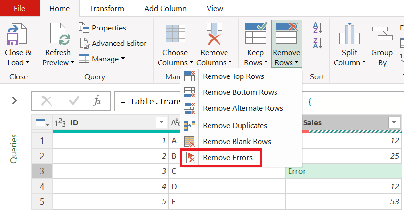 Näyttökuva Poista virheet -painikkeesta Aloitus-välilehdellä.