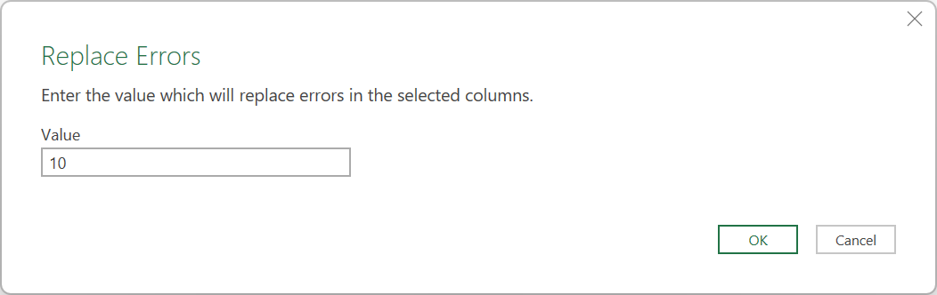 Näyttökuva Korvaa virheet -valintaikkunasta, jonka arvoksi on määritetty 10.