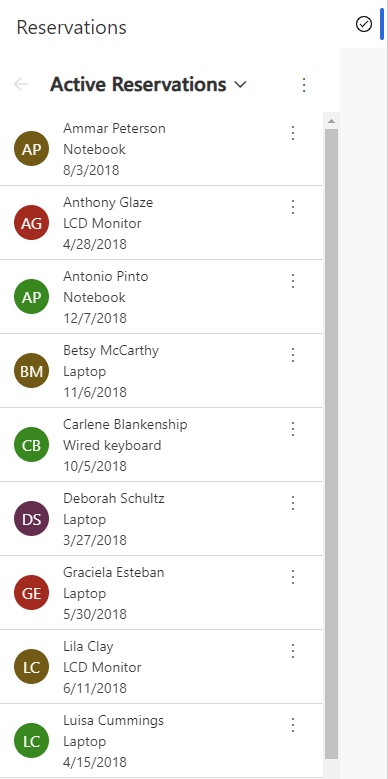 Example 1 Screenshot showing a Reservations table with a list of active reservations, including name, equipment, and the start date of the reservation.
