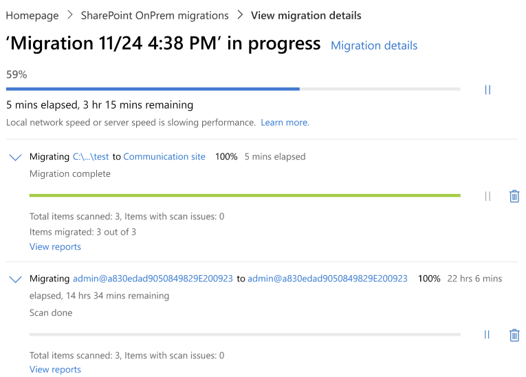 A screenshot of the progress of a migration job and tasks.
