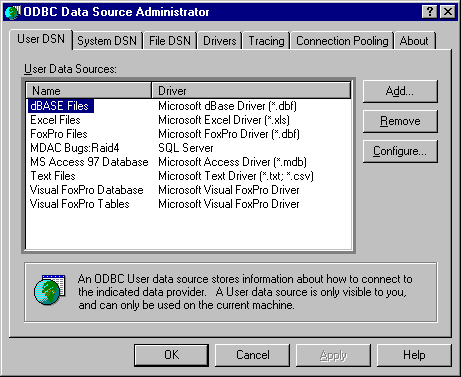 CH23E ODBC Data Source Administrator dialog box