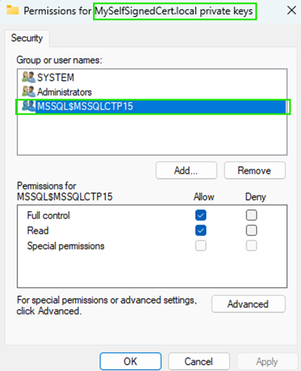 Screenshot of the Permissions properties of a certificate.