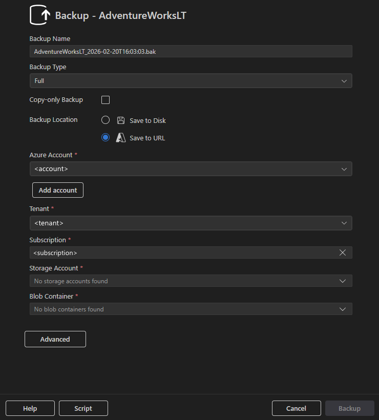 Screenshot of the Backup dialog with Save to URL selected showing Azure configuration fields.