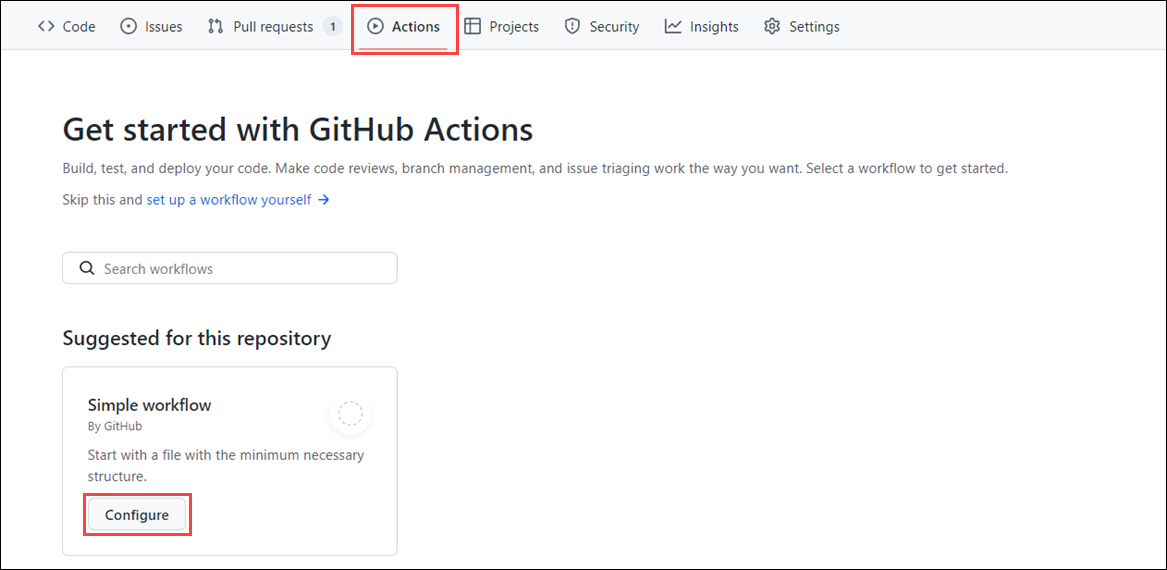 Näyttökuva GitHub Actionsin *Toiminnot-välilehdestä* , joka näyttää yksinkertaisen työnkulun ja painikkeen tämän työnkulun määrittämiseksi.