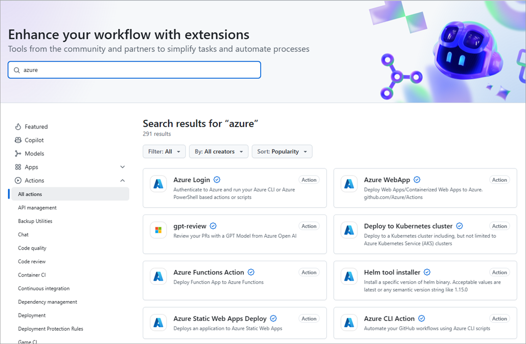 Näyttökuva GitHub Marketplacesta, joka näyttää Azuren hakutulokset.