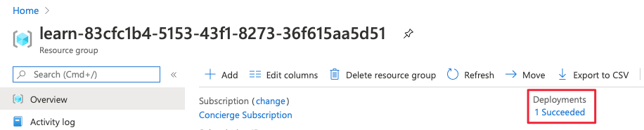 Azure-portaalin käyttöliittymästä resurssiryhmän yleiskatsaus, jossa näkyy, että käyttöönotto onnistui.