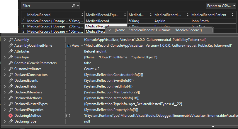 Screenshot showing a DataTip appearing when hovering over a cell in the IEnumerable visualizer.