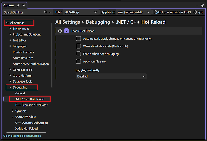 Screenshot of settings for .NET C++ Hot Reload in Visual Studio.
