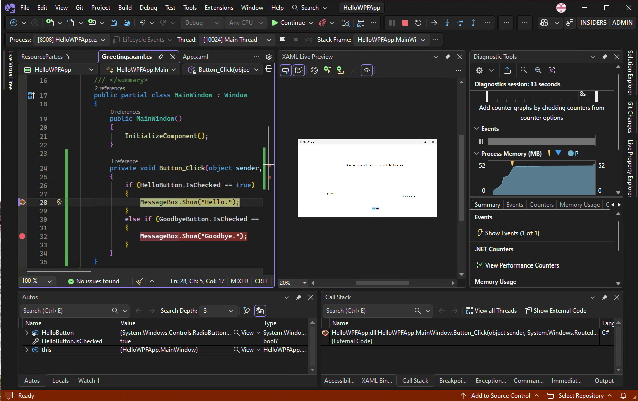 Screenshot of a debug session, with the code window showing execution stopped at a breakpoint highlighted in yellow.