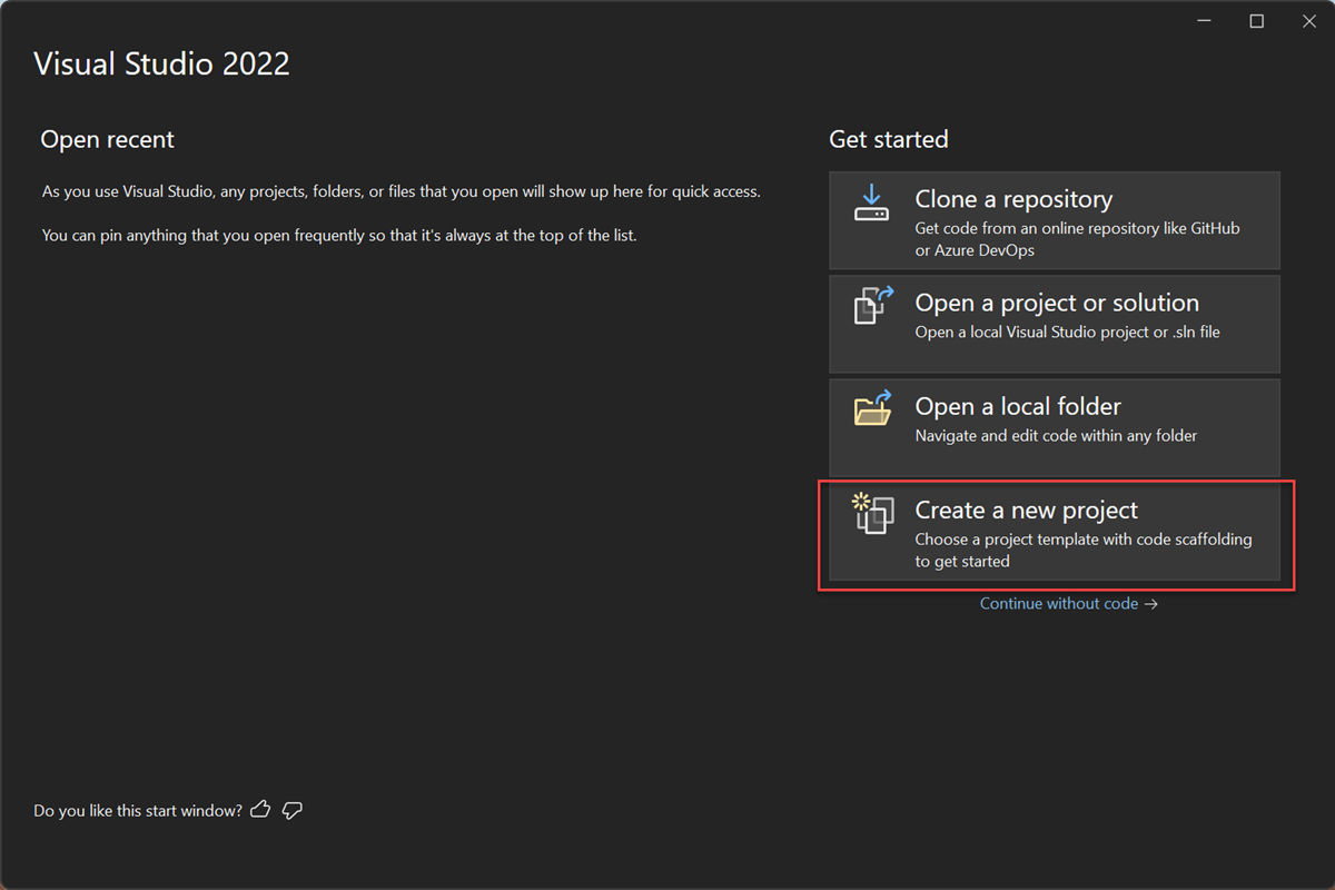 Screenshot that shows the Create a new project option in the Visual Studio 2022 start window.