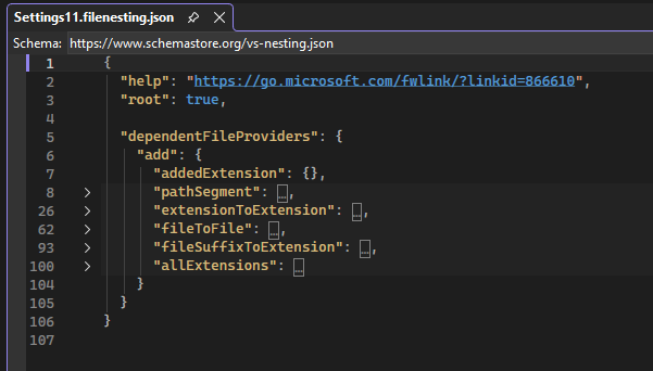 Screenshot that shows nesting rule providers in a custom settings file.