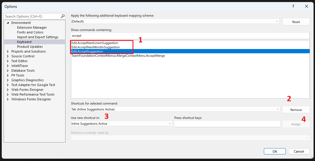 Screenshot showing the Keyboard settings dialog with the Edit.AcceptSuggestion command selected and a custom shortcut assigned under the Inline Suggestion Active scope.