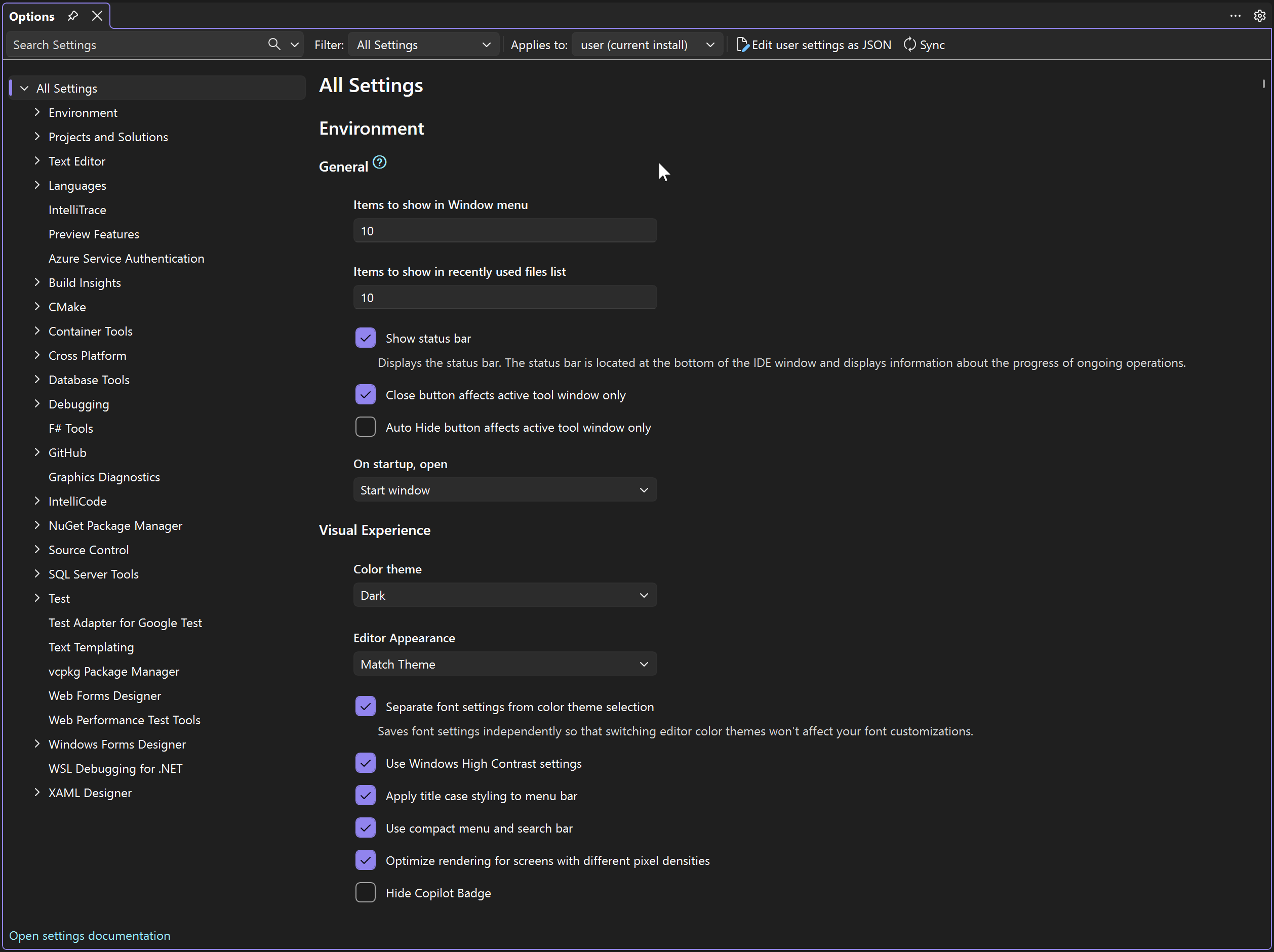 Screenshot of the Visual Studio settings experience.
