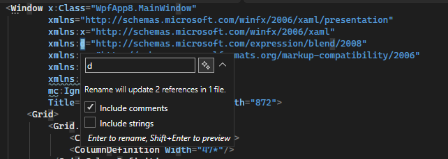 Screenshot of the XAML code editor's Rename Namespace option from the right-click context menu.