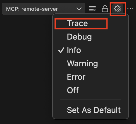 Capture d’écran des paramètres du serveur MCP montrant le niveau de journal _Trace_ sélectionné. 