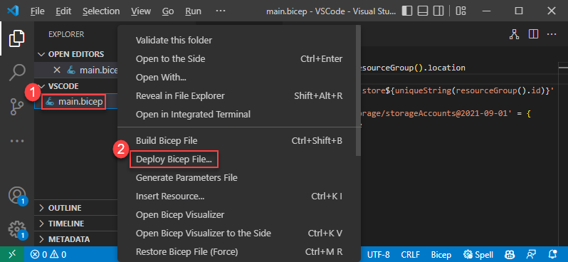 Capture d’écran du déploiement du fichier Bicep dans le menu contextuel à partir du volet Explorateur.