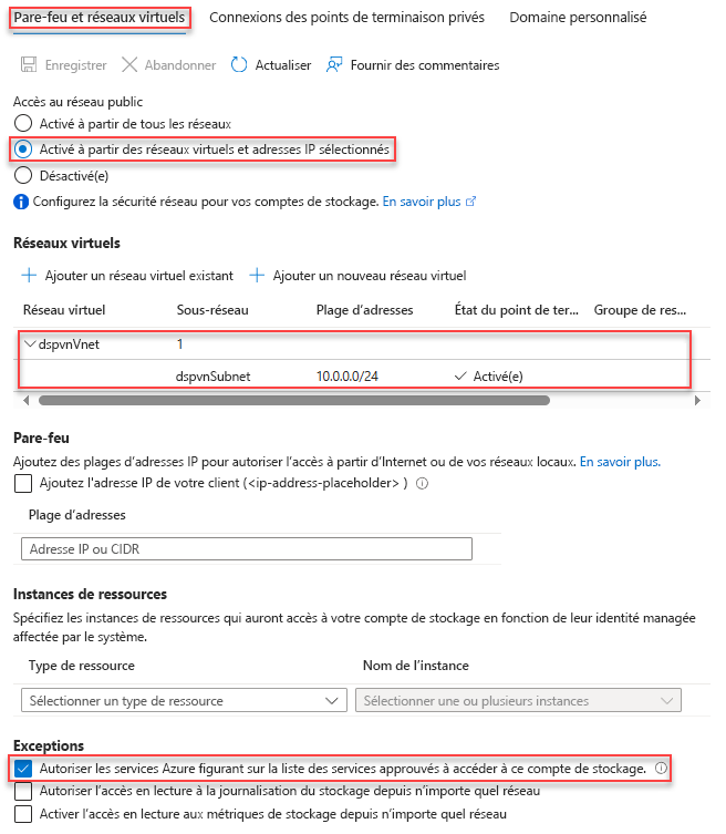 Capture d’écran des sélections permettant de configurer un compte de stockage pour accéder à un réseau privé.