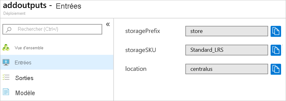 Capture d’écran du portail Azure montrant les entrées de déploiement.