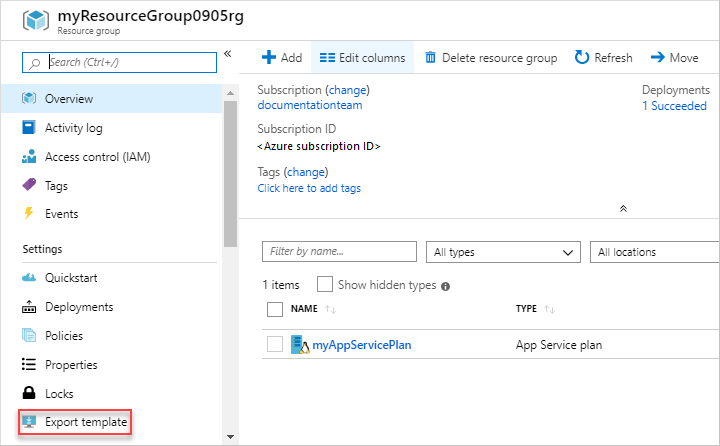 Capture d’écran de l’option Exporter le modèle dans le portail Azure.