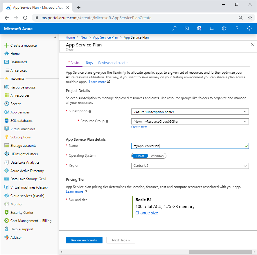 Capture d’écran de la page Créer un plan App Service dans le portail Azure.