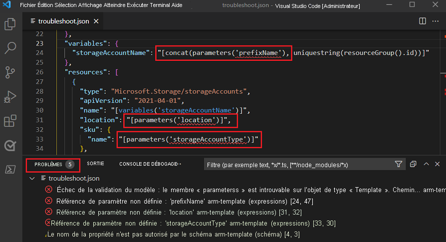 Screenshot de Visual Studio Code affichant l'onglet Problèmes répertoriant les erreurs de référence de paramètres non définies pour les sections « variables » et « resources ». 