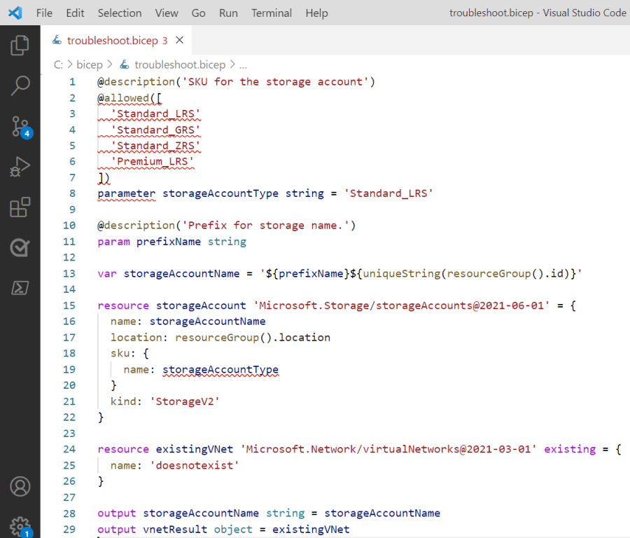 Capture d'écran de Visual Studio Code avec des squiggles rouges soulignant une erreur de syntaxe dans un fichier Bicep.