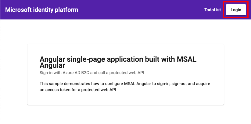 Capture d’écran montrant l’exemple d’application Angular avec le lien de connexion.