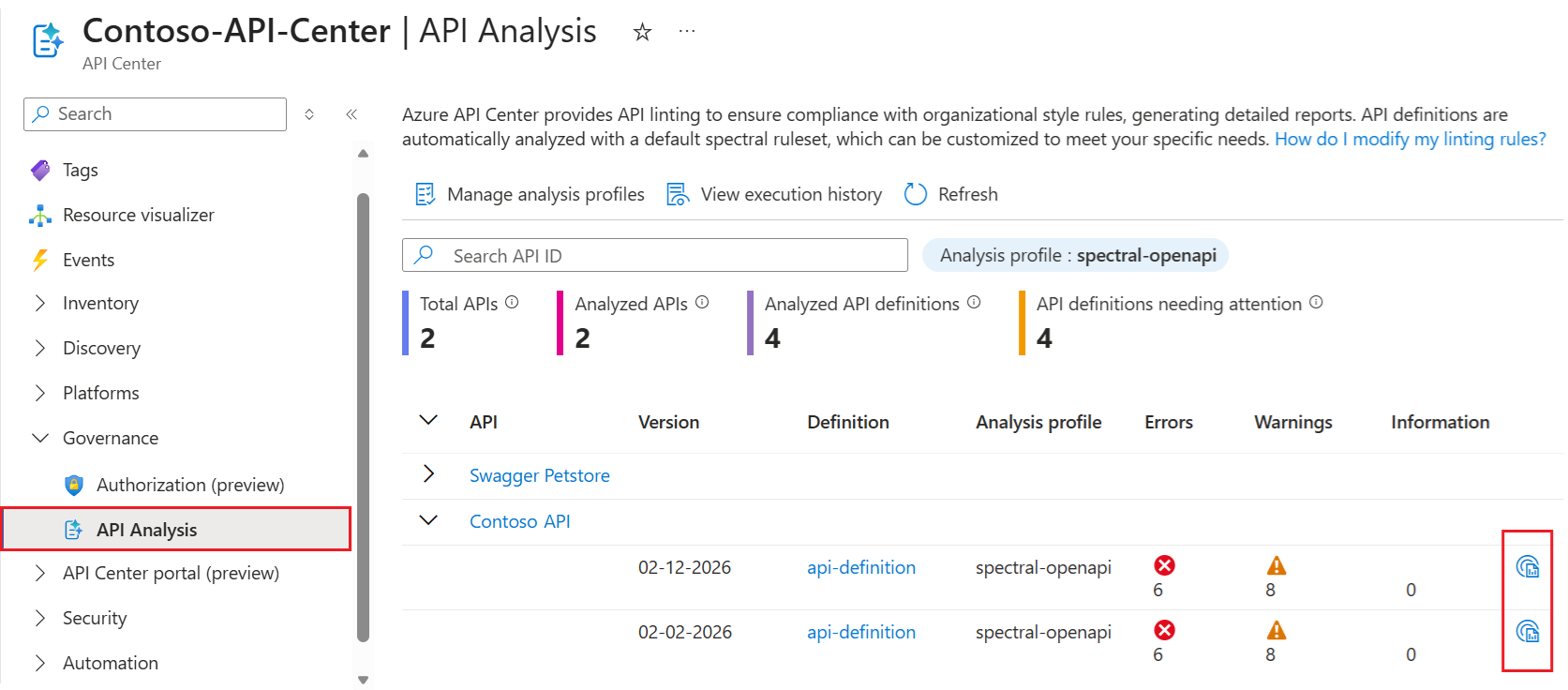 Capture d’écran du résumé de l’analyse de l’API dans le portail.
