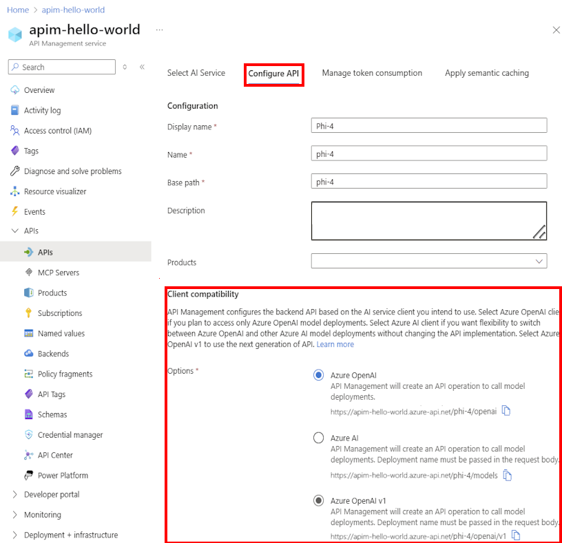 Capture d’écran de la configuration de l’API Microsoft Foundry dans le portail.
