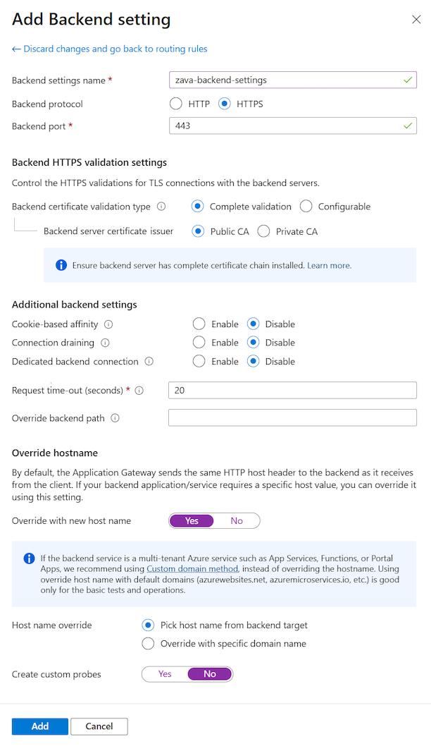 Capture d’écran montrant comment configurer les paramètres principaux d’une connexion de protocole HTTPS dans le portail Azure.