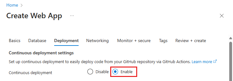 Capture d’écran montrant comment activer le déploiement gitHub Actions dans l’onglet Déploiement d’App Service.