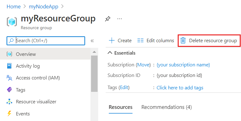 Capture d’écran du groupe de ressources Supprimer.