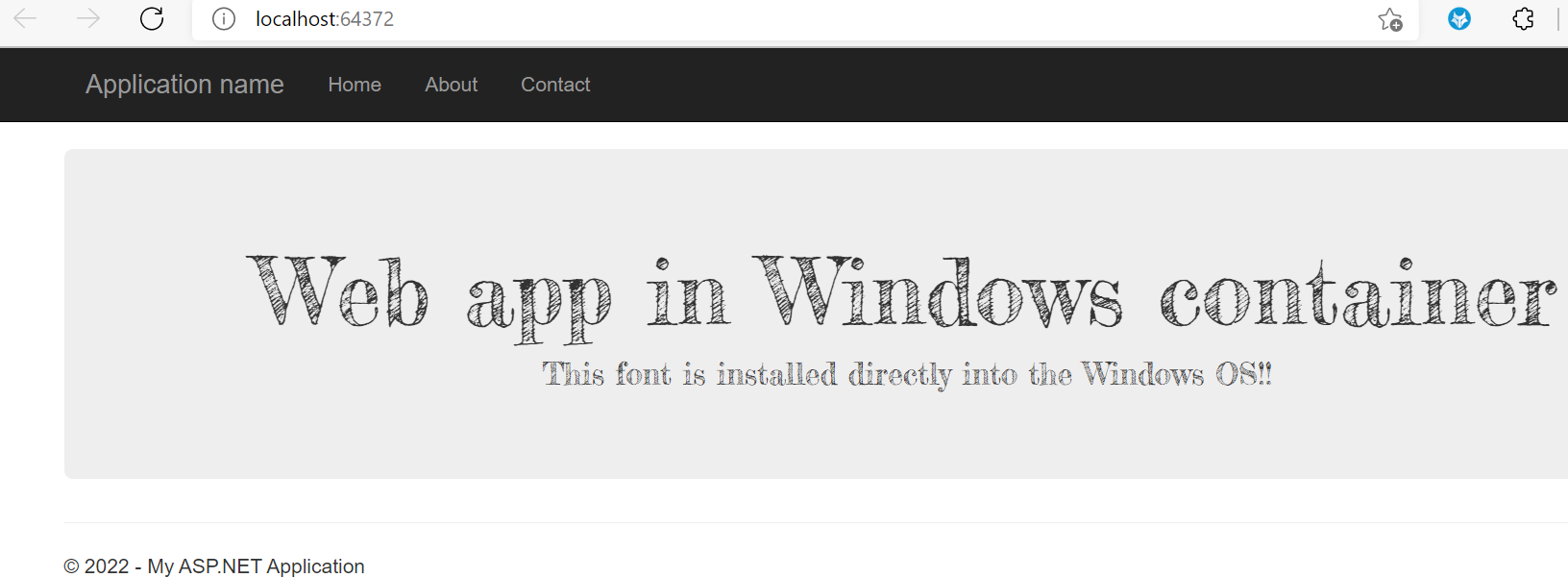 Capture d’écran montrant l’application web s’exécutant dans un conteneur Windows.