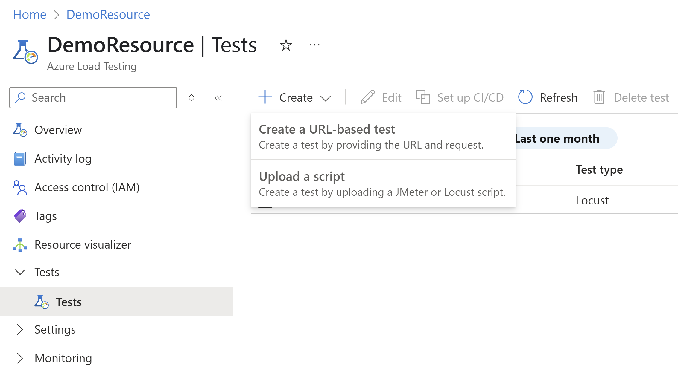Capture d'écran qui montre les options pour créer un nouveau test dans le portail Azure.