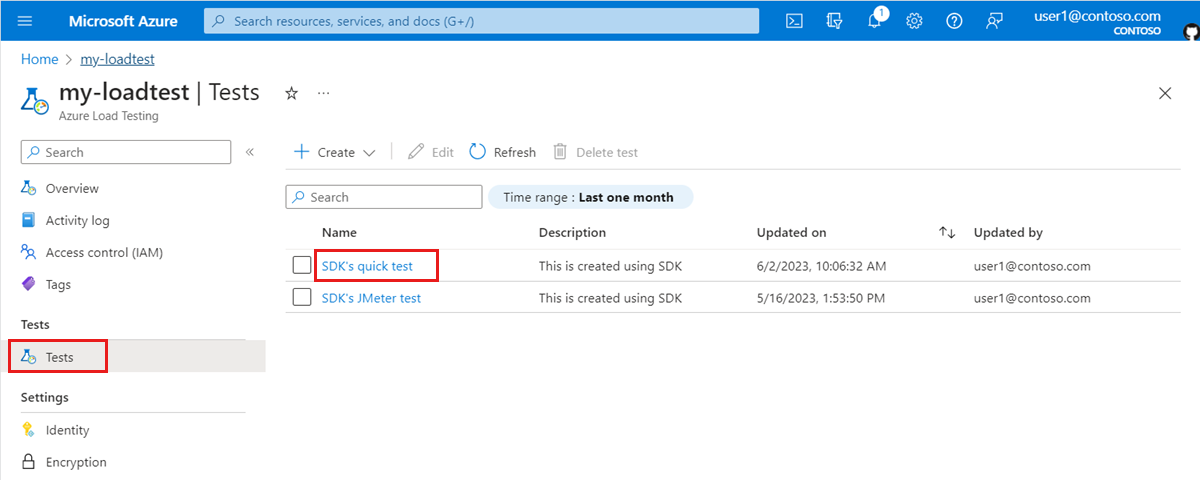 Screenshot qui affiche la liste des tests d’une ressource Test de charge Azure resource.