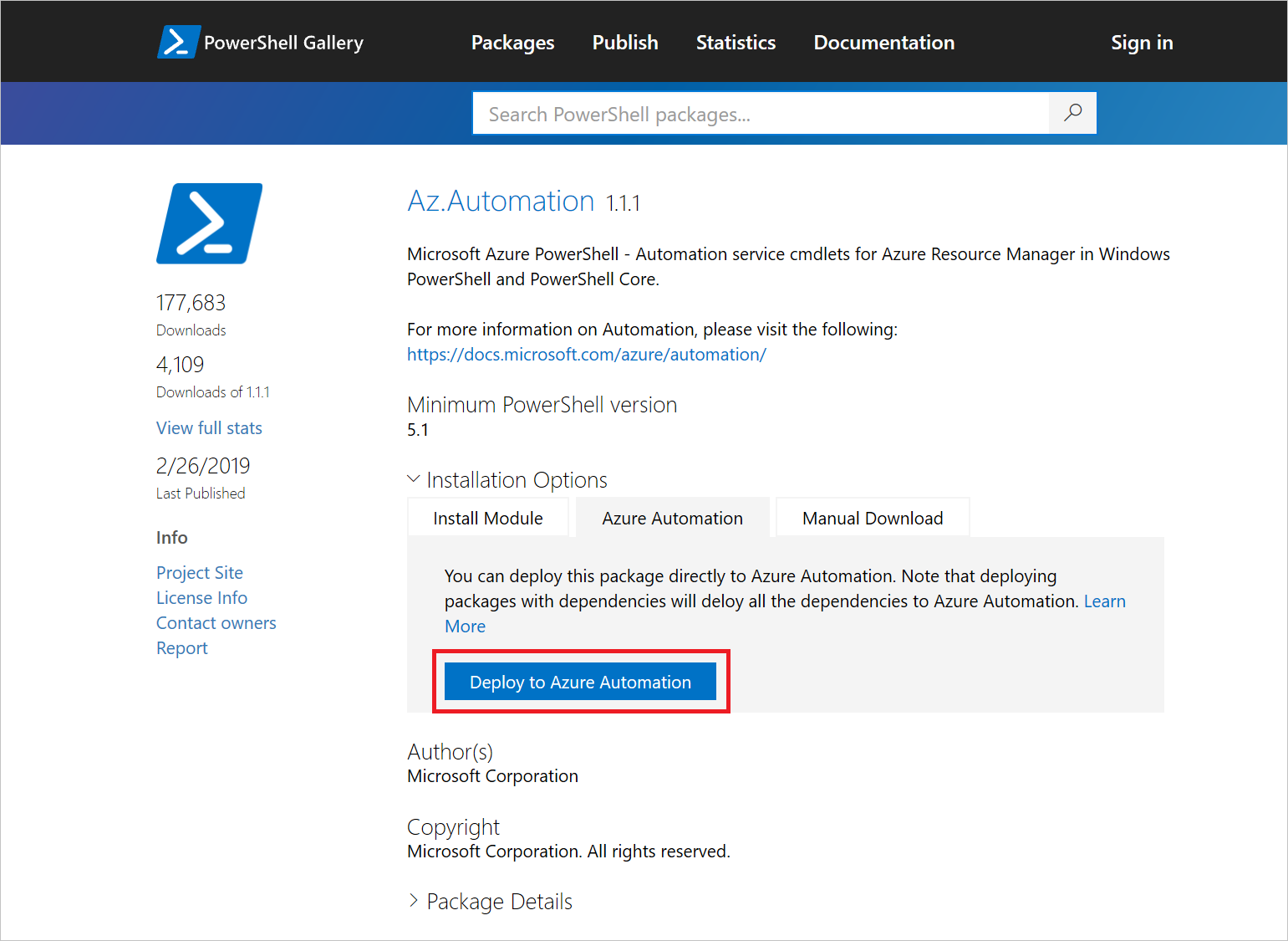 Screenshot du module d’importation PowerShell Gallery
