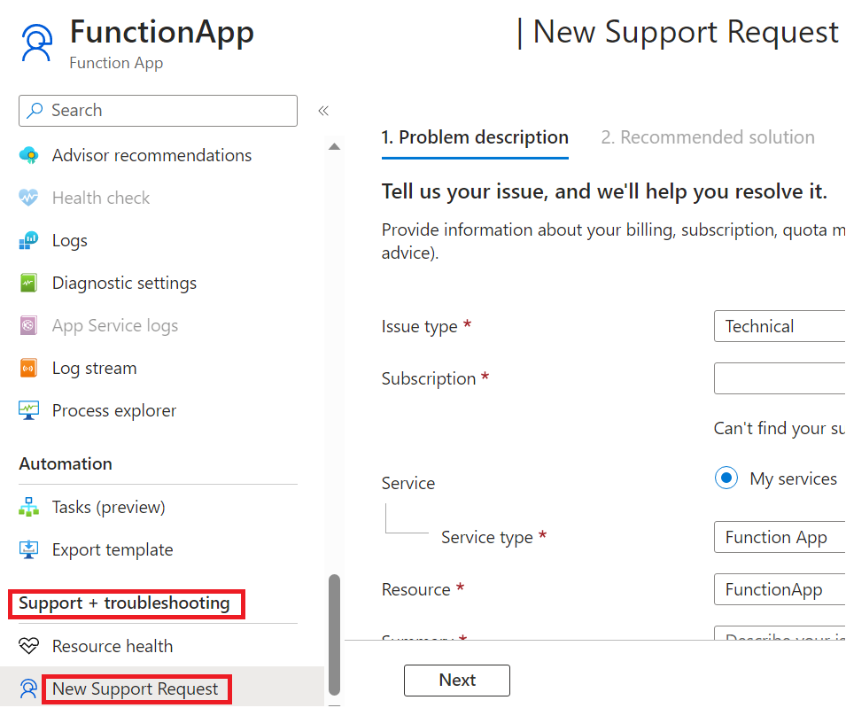 Screenshot de la page de demande de support dans le portail Azure.