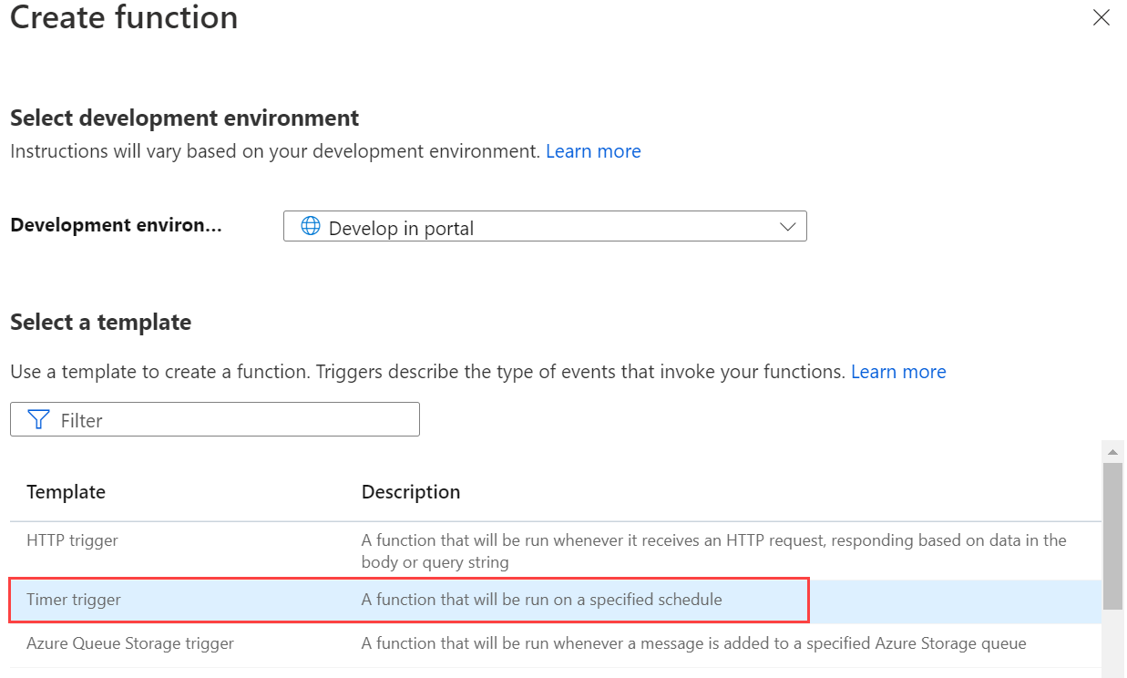 Capture d’écran de la page de sélection du déclencheur de temporisateur dans le portail Azure.
