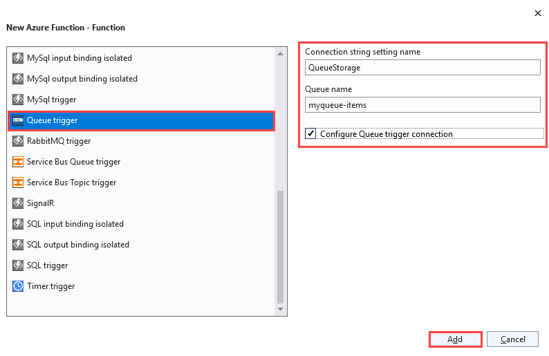 Capture d’écran de la boîte de dialogue Nouvelle fonction Azure pour un déclencheur de file d’attente, avec le nom de chaîne de connexion défini sur QueueStorage et la file d’attente sur myqueue-items.
