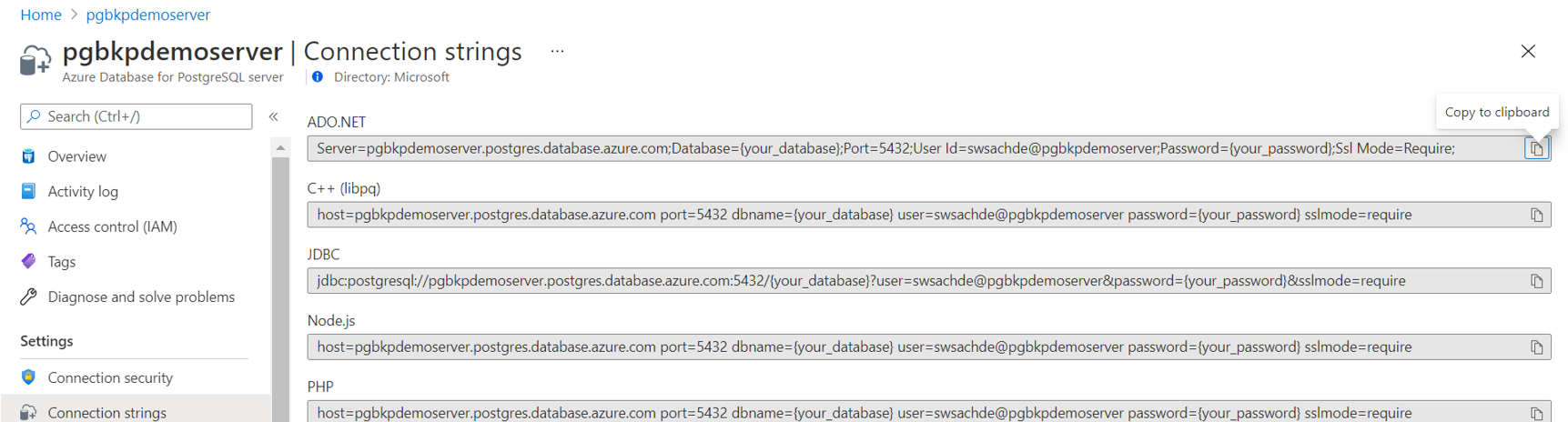 Capture d’écran montrant la chaîne de connexion du serveur Azure Database pour PostgreSQL en tant que secret.