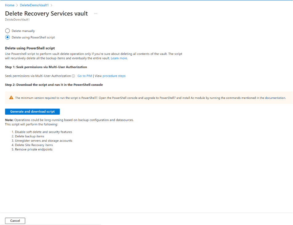 Capture d’écran montrant le processus de génération du script PowerShell du coffre de suppression.