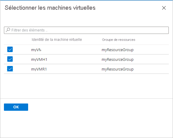 Capture d’écran montrant la sélection de machines virtuelles chiffrées.