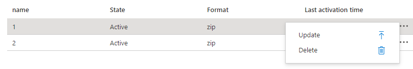 Capture d’écran montrant les options de mise à jour et de suppression des packages d’application dans le portail Azure.