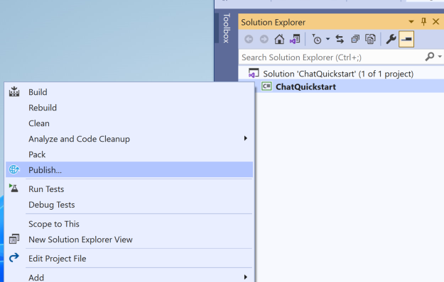 Capture d’écran montrant le déploiement de l’application de conversation sur Azure à partir de Visual Studio.