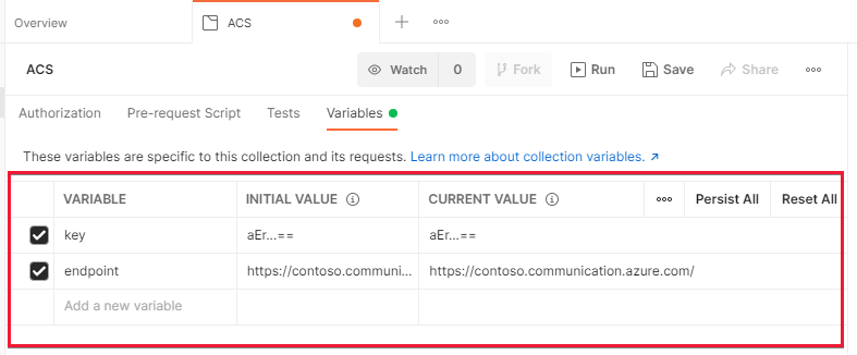 Capture d'écran montrant Postman avec les variables de collecte d’Azure Communication Services correctement configurées.