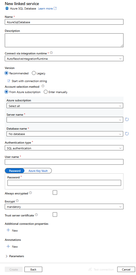 Capture d'écran de la configuration du service lié Azure SQL Database.