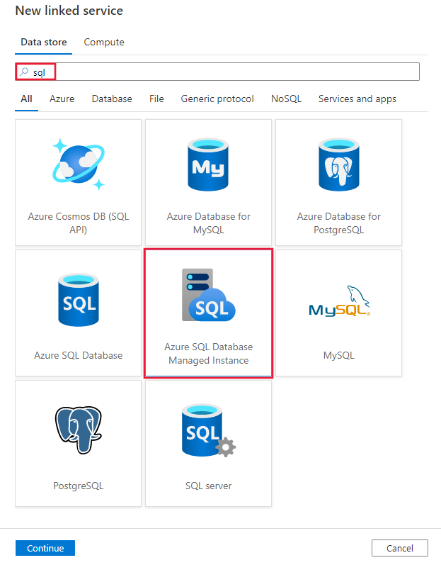 Screenshot du connecteur Azure SQL Server Managed Instance.
