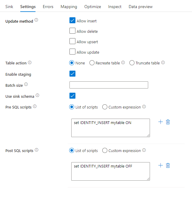 Capture d'écran montrant les scripts de pré et post-traitement SQL dans le flux de données Azure Synapse Analytics.